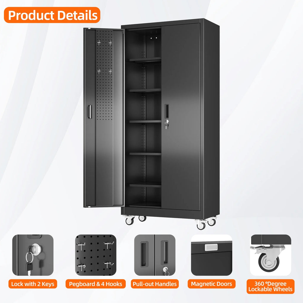 GangMei 71 Inches Tall Metal Garage Storage Cabinets with 5 Adjustable Shelves & Pegboards, Lockable Steel Black Storage Cabinet with Doors for Office, Home, School, Shops, Garage, Assembly required