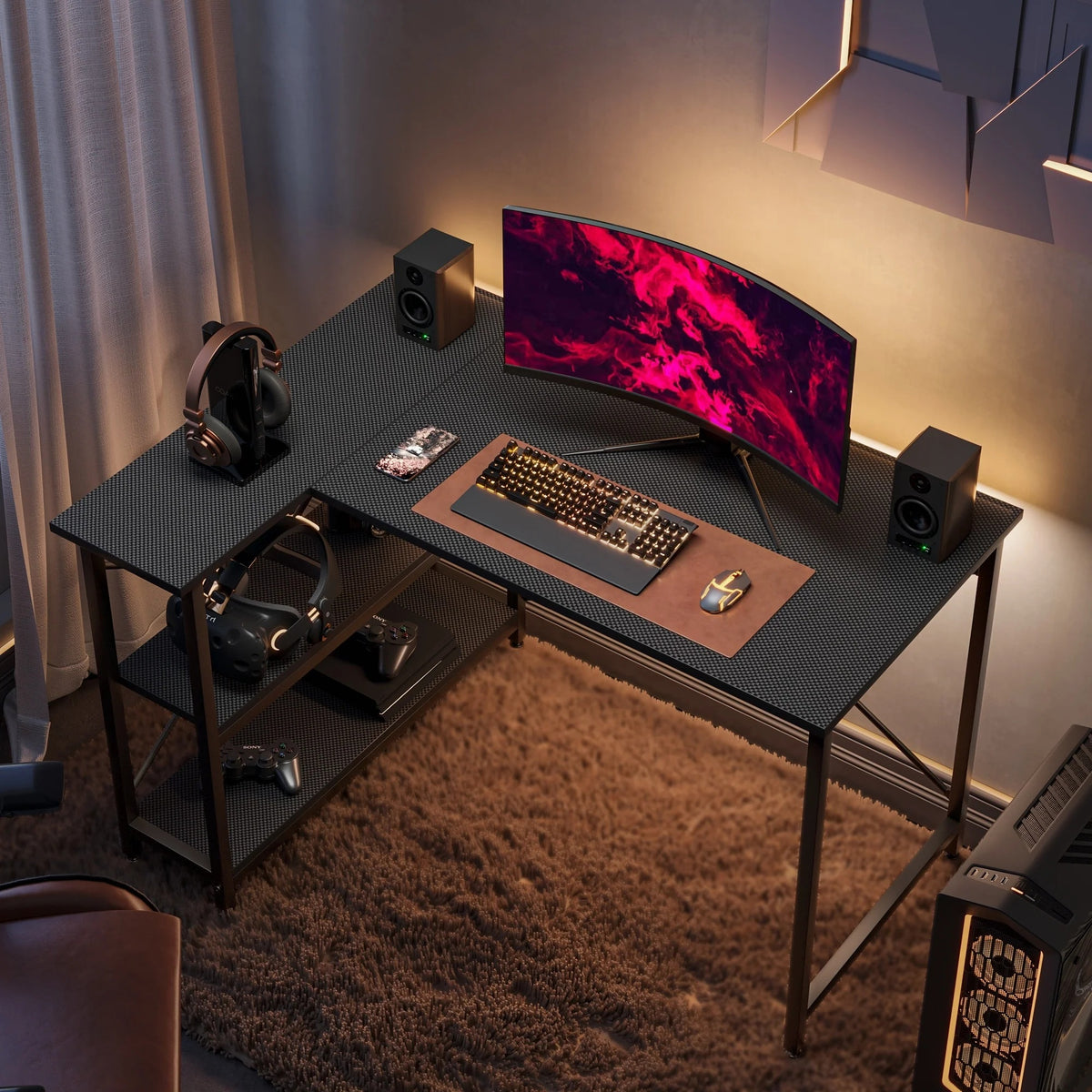 Small L Shaped Computer Desk with Storage Shelves, Compact Corner Workstation for Home Office and Study