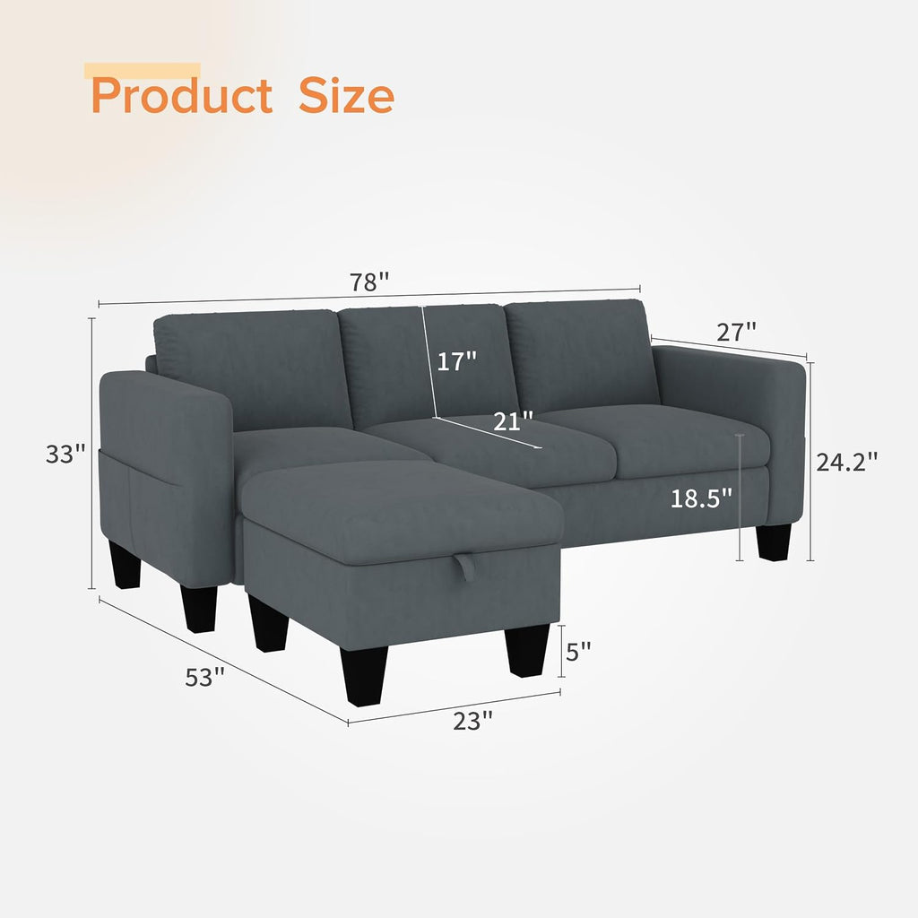 Convertible Sectional Sofa Couch,Classic 3 Seat L-Shaped Sofa with Movable Ottoman, Modern Dark Grey Velvet Fabric Upholstered Small Sectional Sofa Couch for Small Apartment Living Room Office
