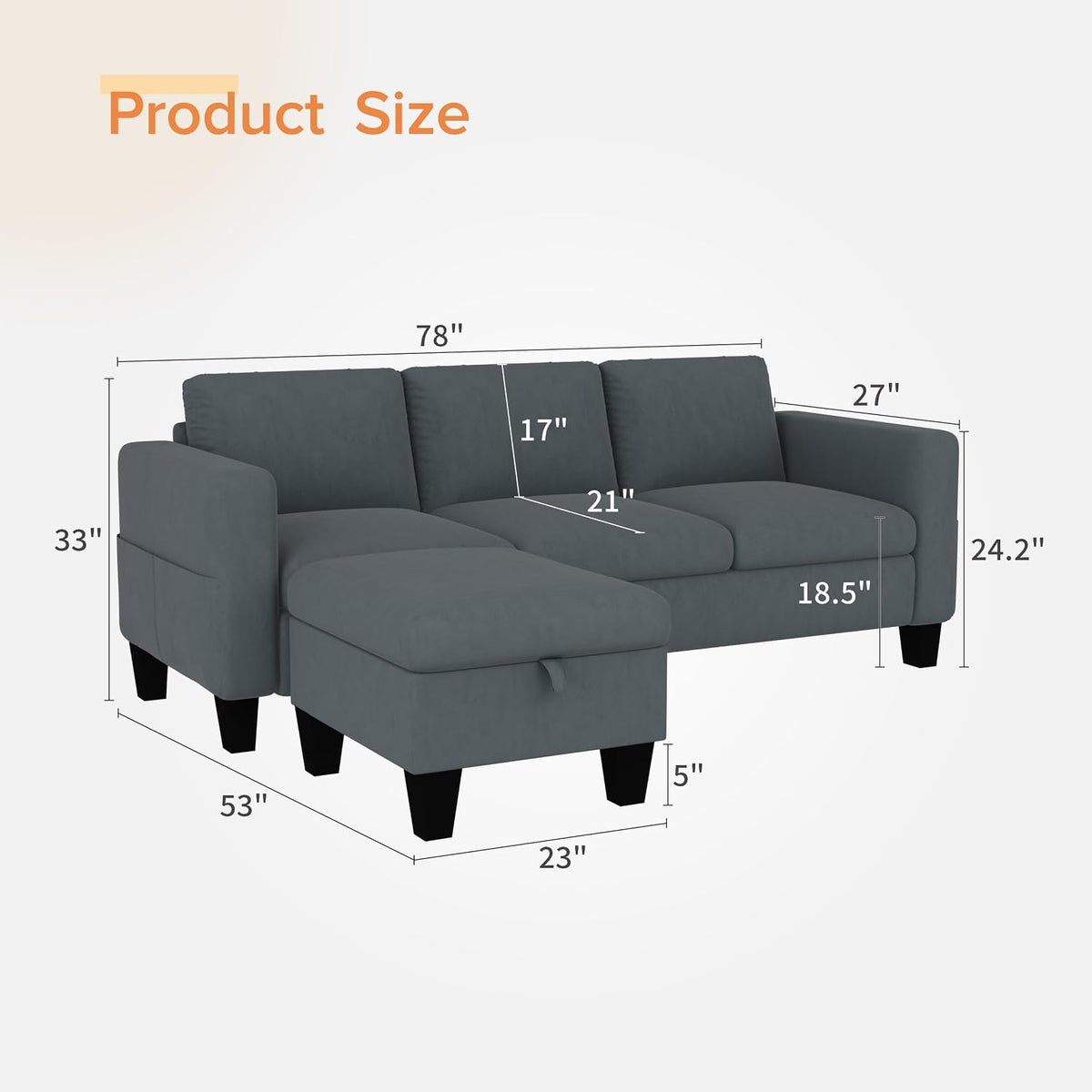 Convertible Sectional Sofa Couch,Classic 3 Seat L-Shaped Sofa with Movable Ottoman, Modern Dark Grey Velvet Fabric Upholstered Small Sectional Sofa Couch for Small Apartment Living Room Office