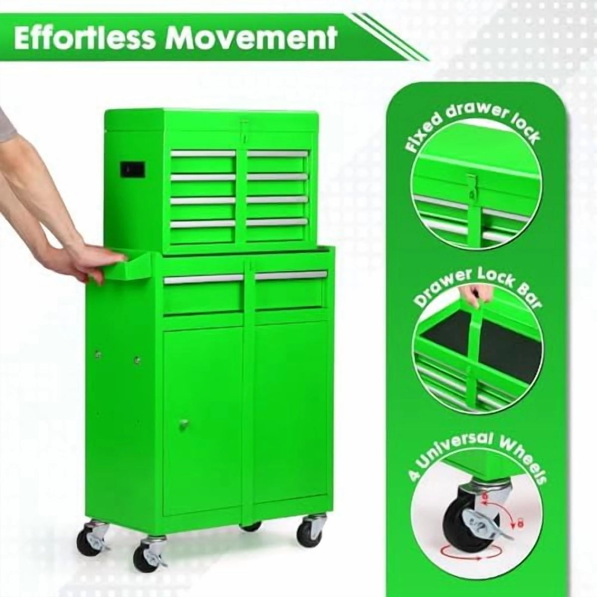 5-Drawer Rolling Tool Chest -C 2-in-1 Lockable Tool Box with Wheels, Sliding Drawers & Detachable Top -C Garage & Workshop Storage Cabinet, Green