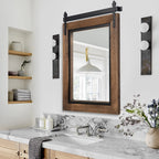 Farmhouse Barn Door Style Bathroom Vanity Mirror, Natural Wood Wall Mirror for Bathroom, Bedroom and Entryway