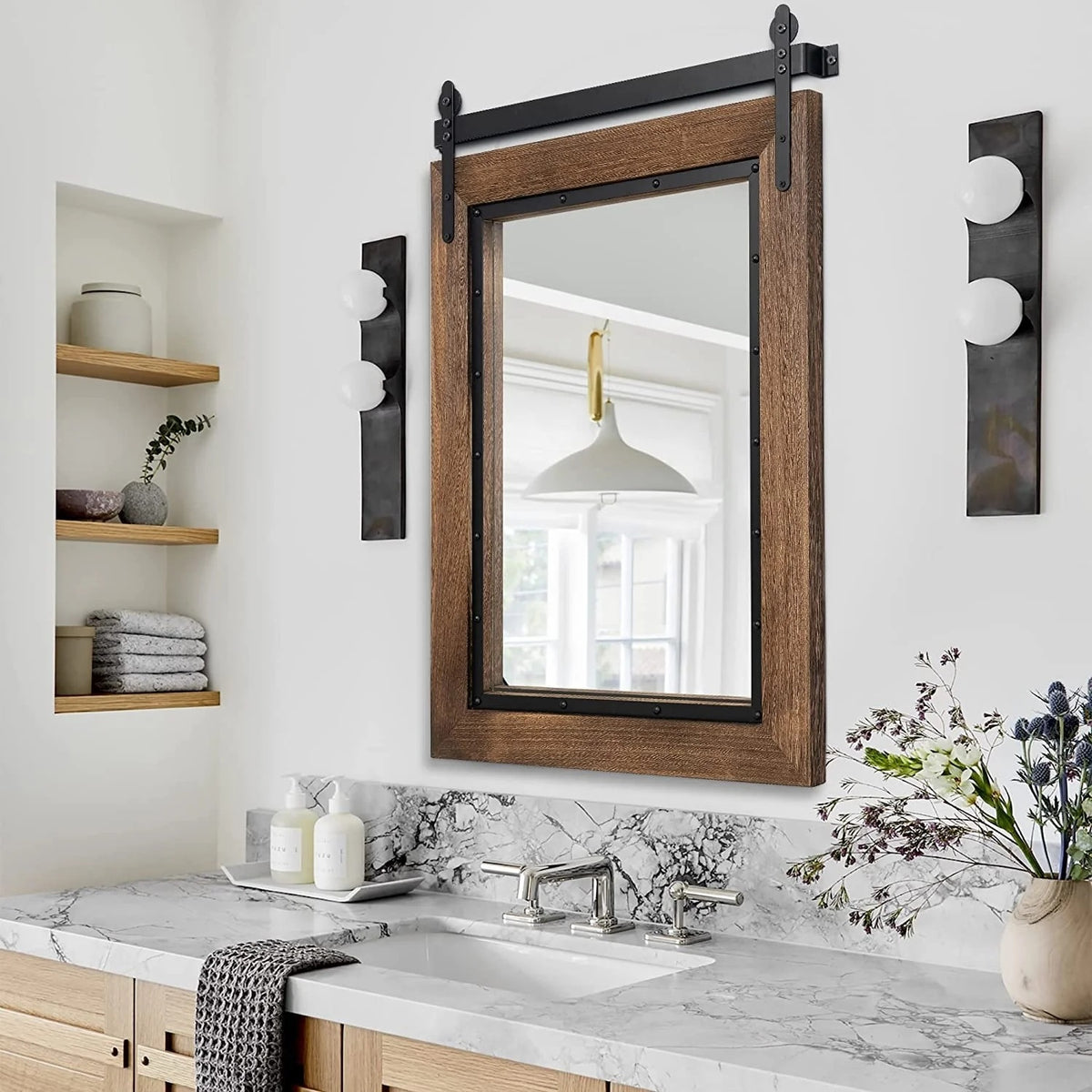 Farmhouse Barn Door Style Bathroom Vanity Mirror, Natural Wood Wall Mirror for Bathroom, Bedroom and Entryway