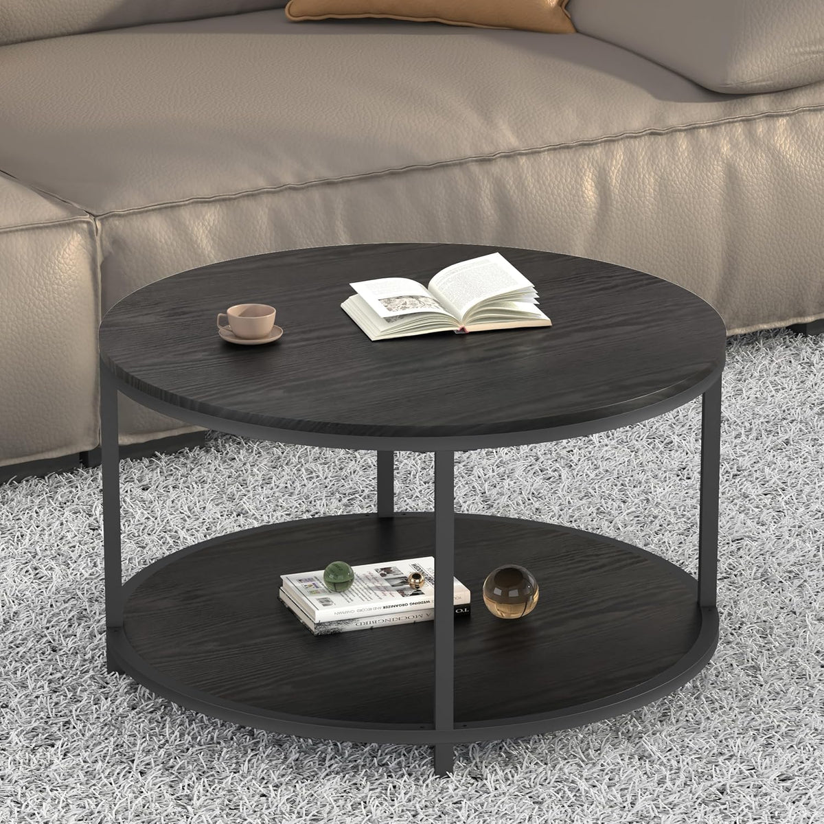 Round Coffee Table, 36" Coffee Table for Living Room, 2-Tier Rustic Wood Desktop with Storage Shelf, Modern Design Home Furniture (Light Walnut)