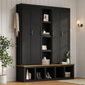 Euroco Modern Farmhouse Hall Tree -C 4-in-1 Entryway Bench with Cabinets, Hooks & Shoe Storage, Wood-Grain Finish, Handles, Anti-Tip Safety