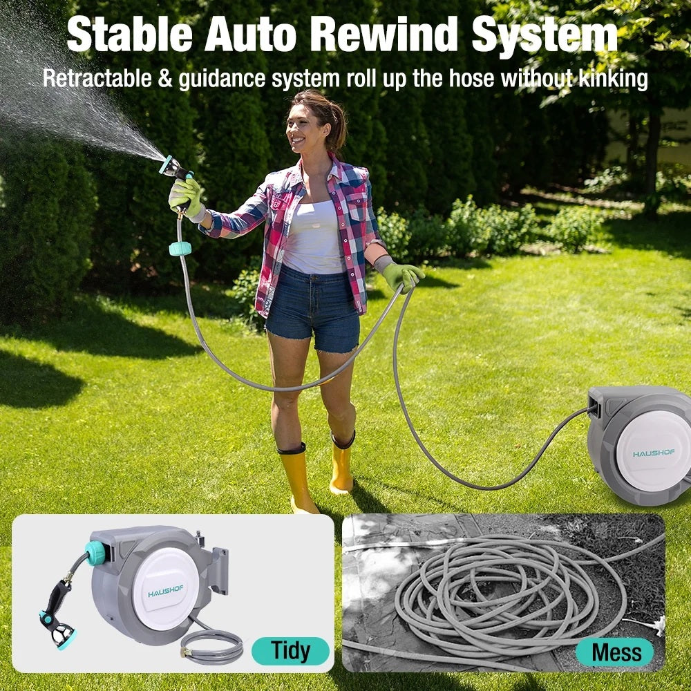 HAUSHOF 1/2" x 100 ft Retractable Garden Hose Reel with Automatic Rewind, 10-Pattern Spray Nozzle, Durable High-Pressure Hose, and 180- Swivel Bracket -C Perfect for Watering Gardens, Cleaning Patios