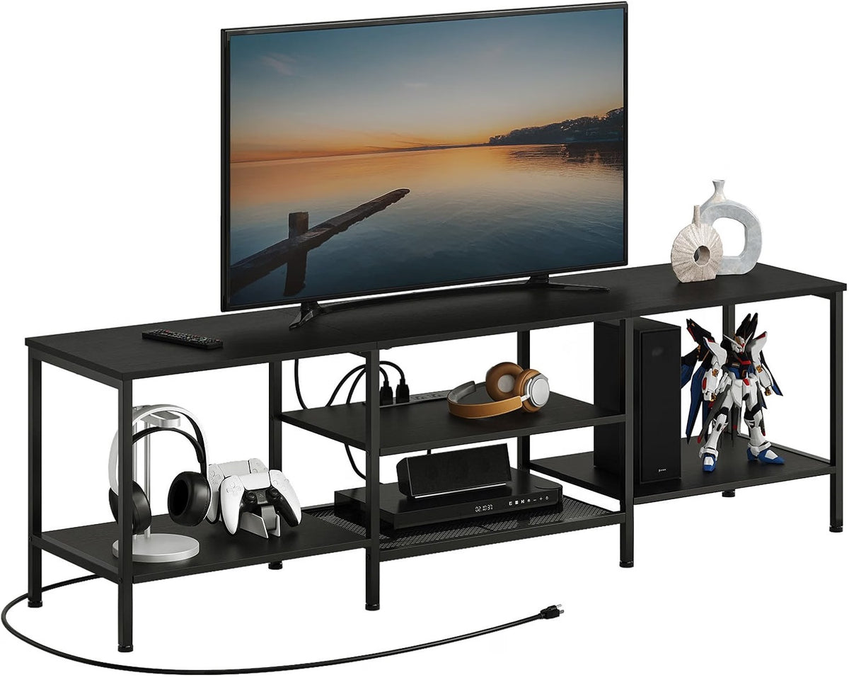 TV Stand with Power Outlets to 75 Inches, TV Console Table with Open Storage Shelves Cabinet, Industrial Media Entertainment Center for Living Room Bedroom, Rustic Brown and Black BF80DS01
