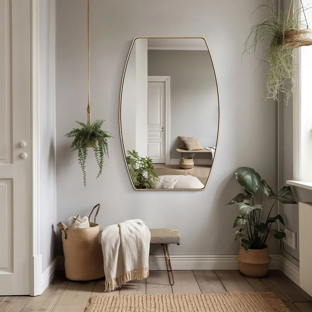 Modern Oblong Metal Wall Mirror, Decorative Elongated Hanging Mirror for Living Room, Bedroom and Entryway