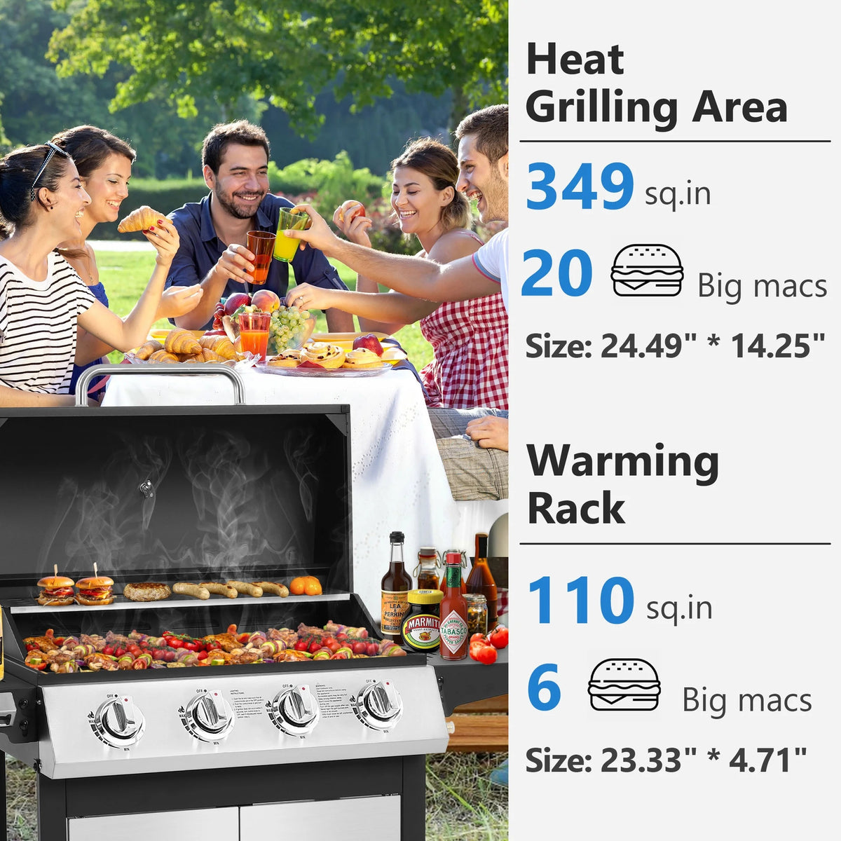SEGMART 4 Burner BBQ Propane Gas Grill, Stainless Steel 40,000 BTU Patio Garden Barbecue Grill with Folding Side Tables, Cleaning Brush & Thermometer, Perfect for Camping, Outdoor Cooking