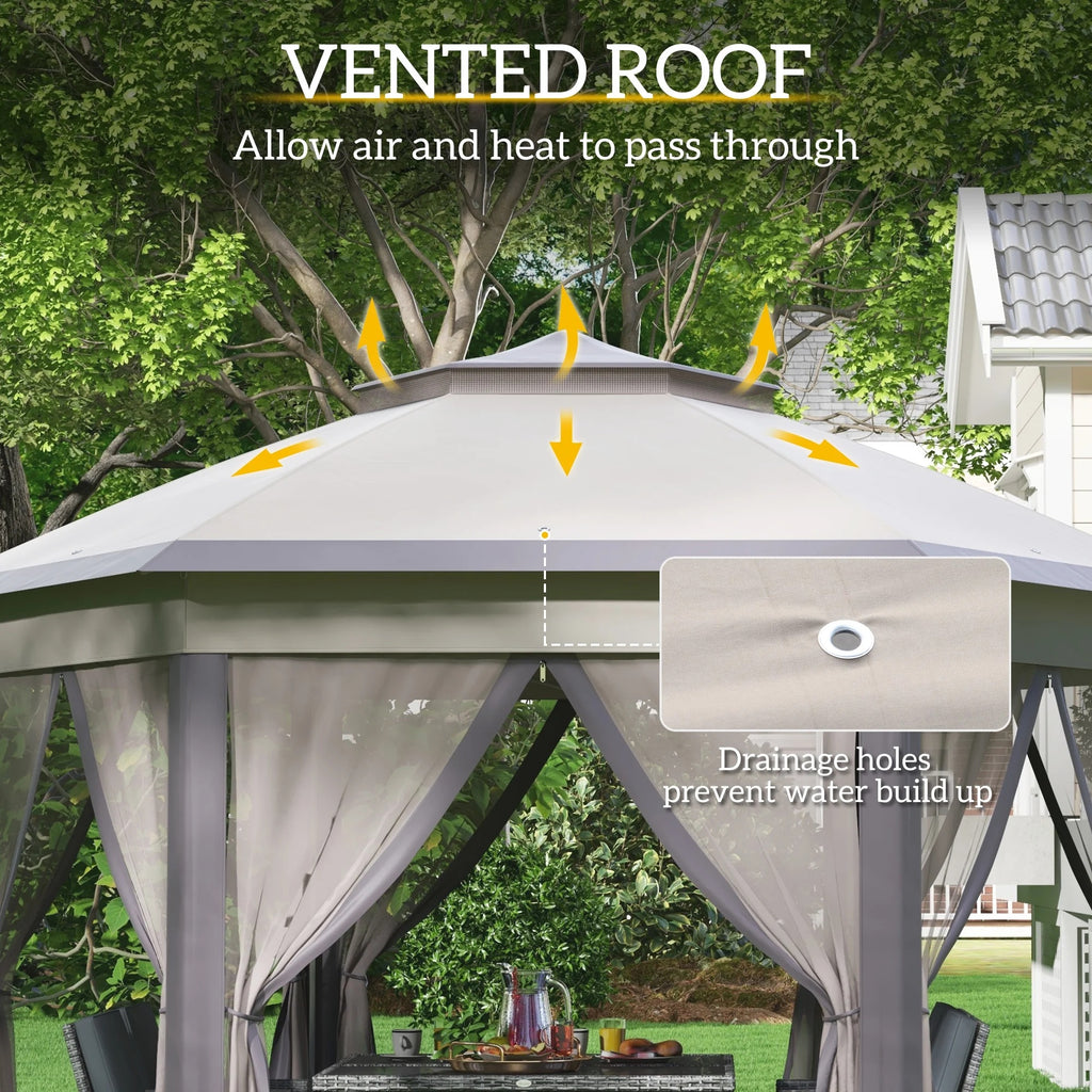 Outsunny 13' x 13' Pop Up Gazebo Hexagonal Canopy with 6 Zippered Mesh Netting, 2-Tier Roof Event Tent with Steel Frame for Patio Backyard, Gray