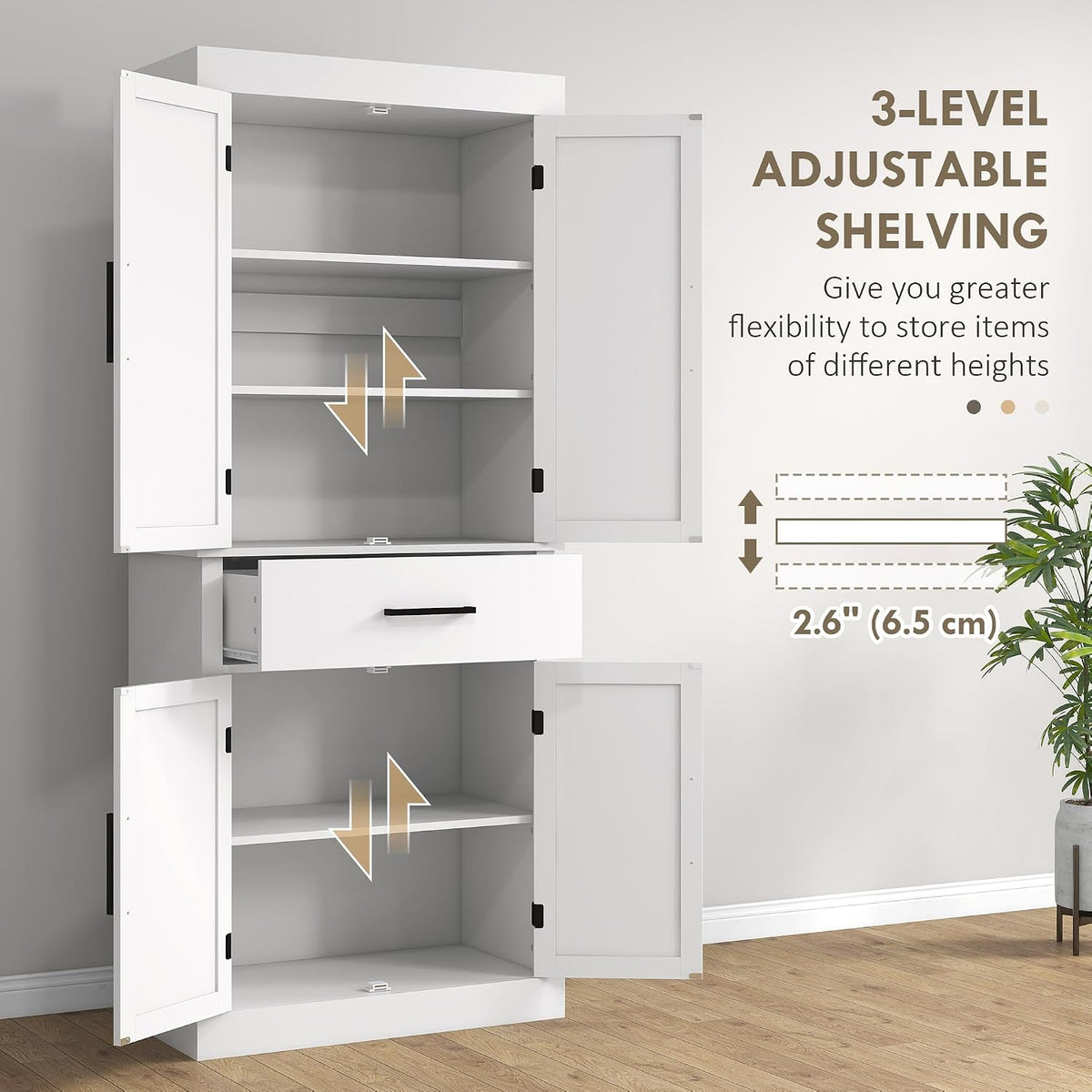 72" Tall Kitchen Pantry Cabinet Adjustable Shelves Barn Doors White