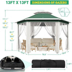 13x13 Gazebo Outdoor Canopy Shelter,Instant Patio Gazebo Sun Shade Canopy Tent with 6 Zippered Mesh Netting and Strong Steel Frame for Lawn,Garden,Backyard,Deck Party