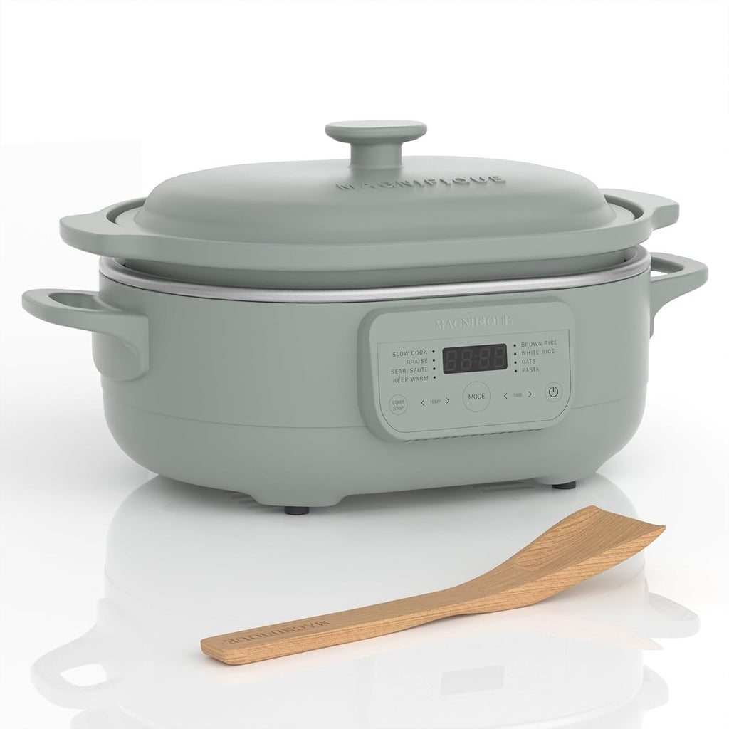 4 Quart Programmable Casserole Slow Cooker, 8-in-1 Multi Cooker with Removable Non-Toxic Stoneware Crock, Claypot Slow Cooker, Rice-cooking, Nonstick, Oven Safe Pot to 450°F, Olive