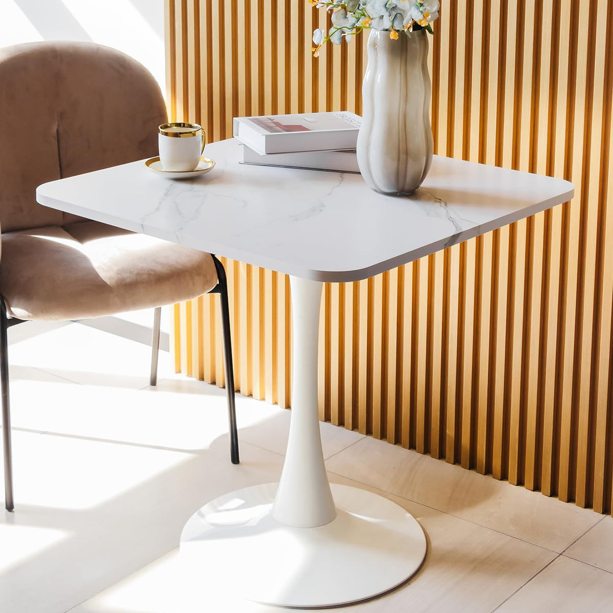 Square Modern Dining Table 30 Inches for 2-4, Bistro Tulip Table with Faux Marble Top, Easy Assembly, No Wobble, Stable Sturdy Metal Frame, 30" x 30" x H28.74"