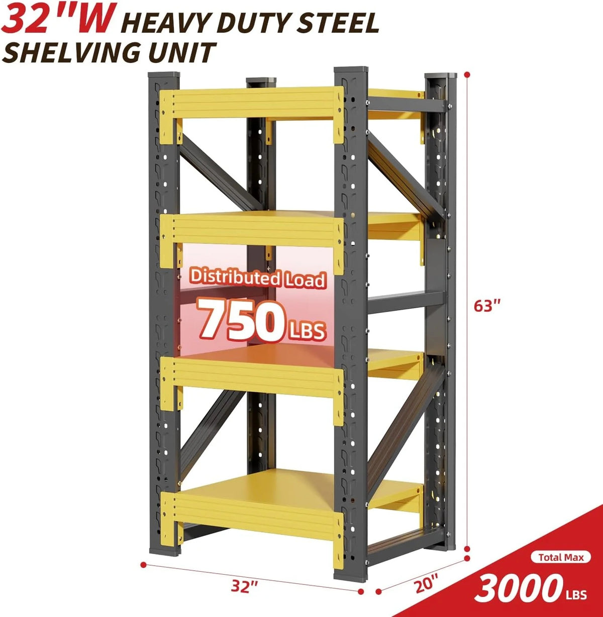 59" W Garage Shelving,5-Tier Heavy Duty Shelving Unit,3000LBS Adjustable Metal Storage Shelves,Storage Rack Units for Industrie,Shed,Warehouse,Basement,Black,59" W x 20" D x 72" H