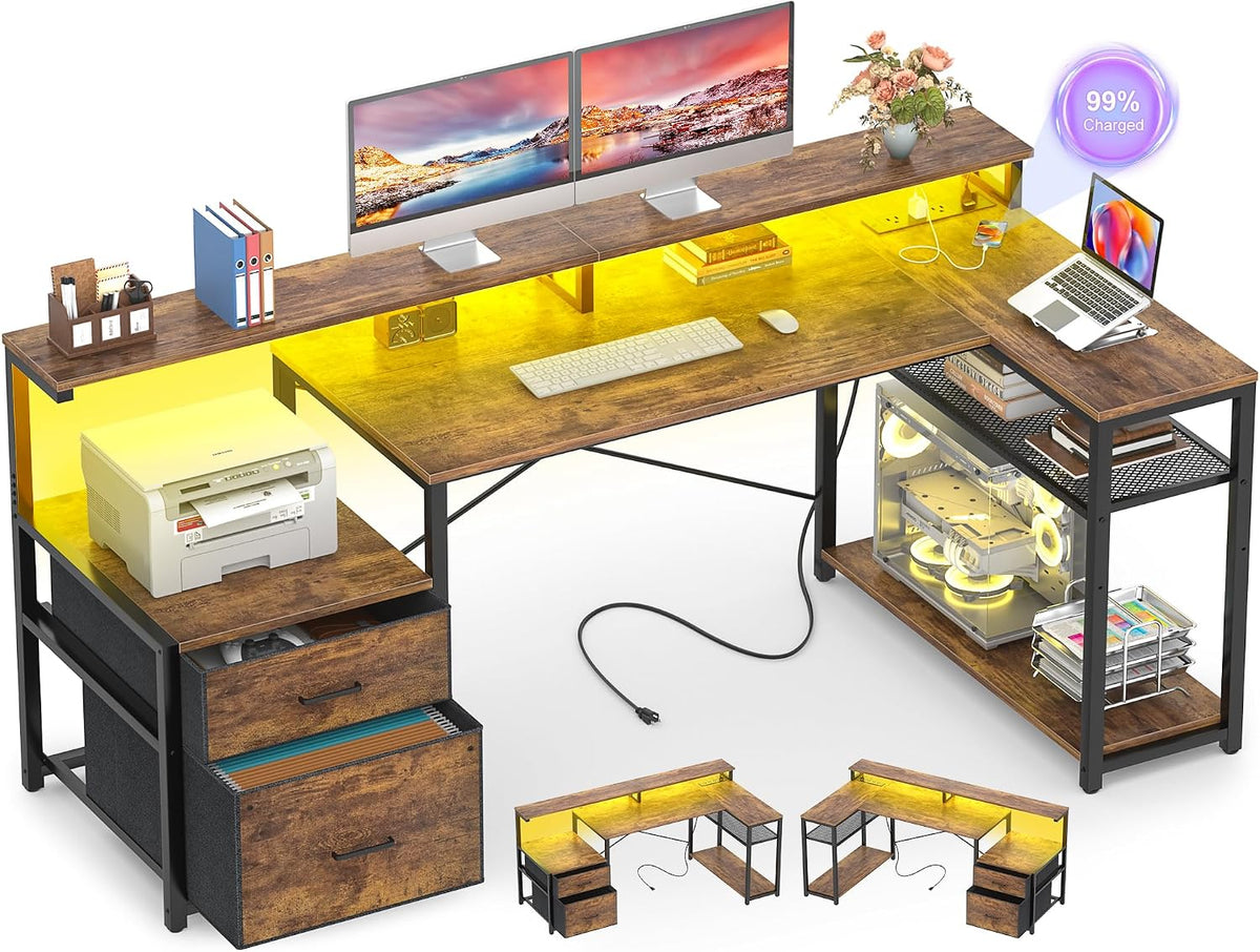 L Shaped Desk with File Drawer, Reversible L Shaped Gaming Desk