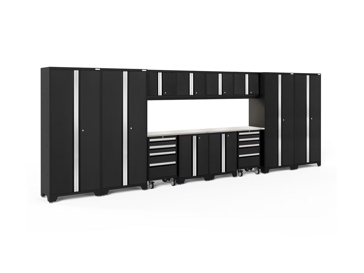 NewAge Products Bold Series Gray 14 Piece Cabinet Set, Heavy Duty 24-Gauge Steel Garage Storage System, LED Lights Included