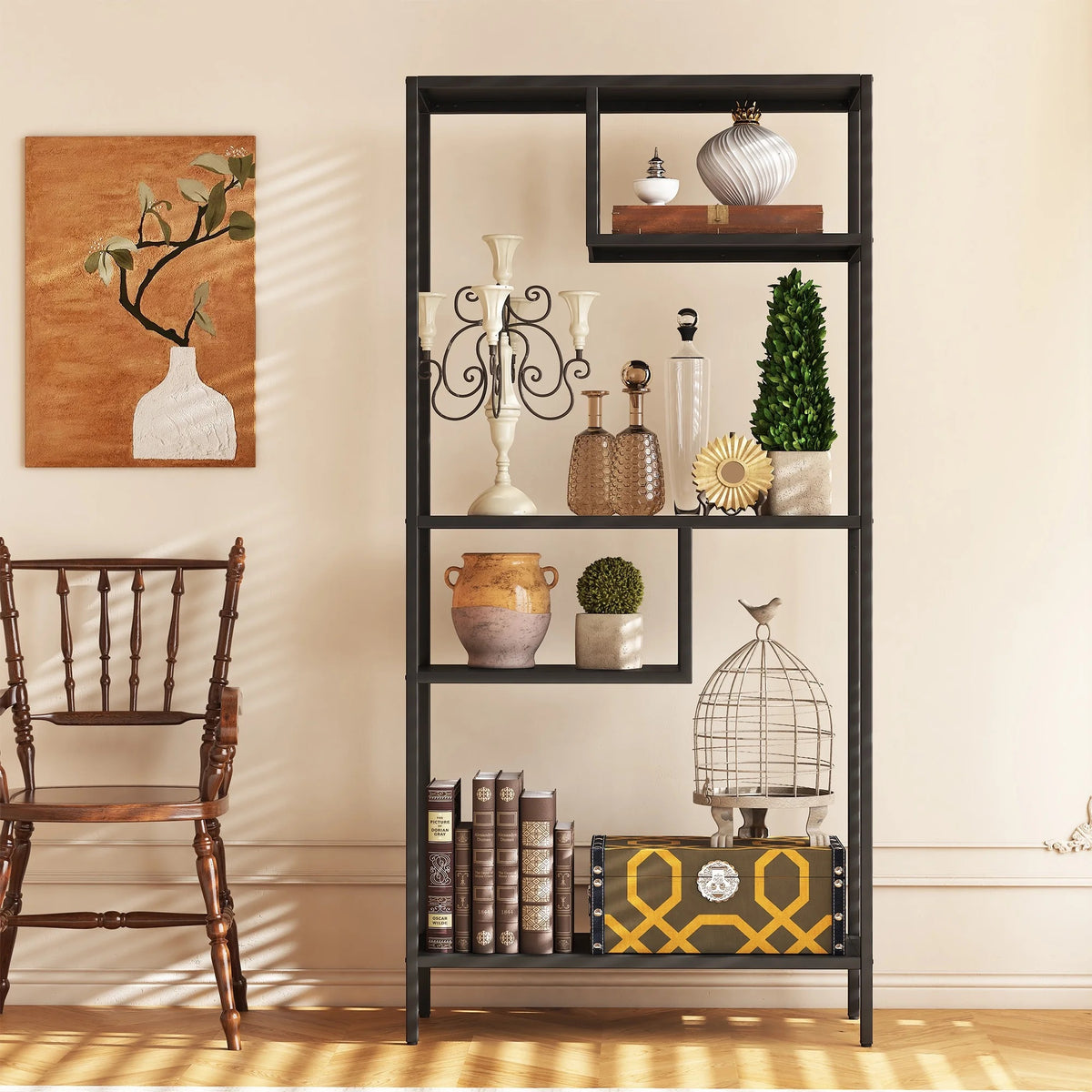 Modern Storage Shelf with 4 Compartments & Metal Legs, Freestanding Organizer,Book Shelves Display Shelves for Living Room, Bedroom, Home Office