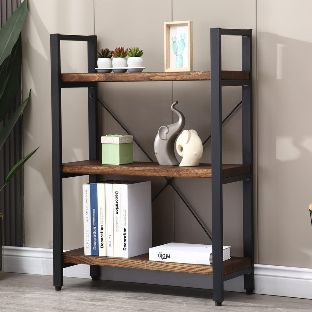 5-Tier Bookcase, Rustic Vintage Industrial Etagere Bookshelf, Solid Wood & Metal Freestanding Bookcase, Retro Brown