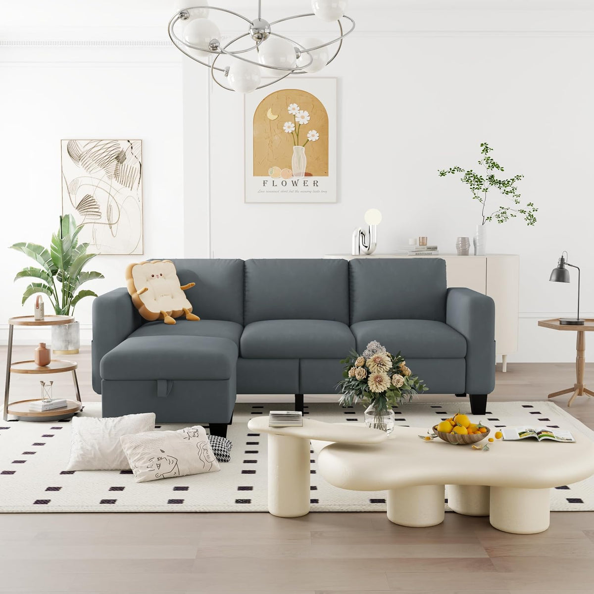 Convertible Sectional Sofa Couch,Classic 3 Seat L-Shaped Sofa with Movable Ottoman, Modern Dark Grey Velvet Fabric Upholstered Small Sectional Sofa Couch for Small Apartment Living Room Office