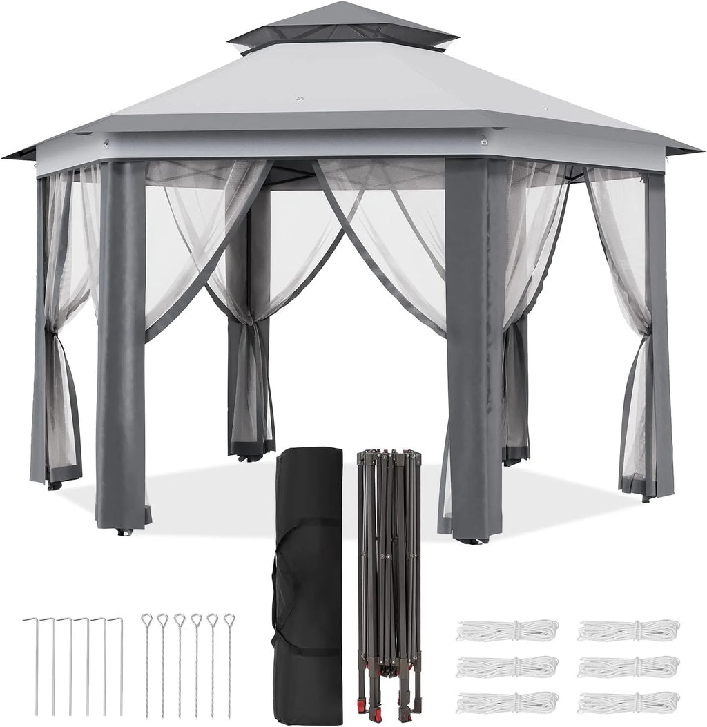 Pop Up Gazebo 13x13ft, Hexagonal Outdoor Canopy Shelter, Instant Patio Gazebo Tent with Mesh Netting and Strong Steel Frame for Patio Backyard Garden Wedding Party