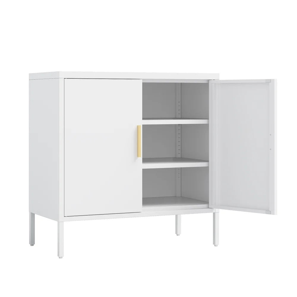 Metal 3 Tier Storage Cabinet, Storage Cabinet with 2 Doors and 2 Adjustable Shelves, Steel Lockable Garage Storage Cabinet Metal File Cabinet for Home, Office, School, Gym, White