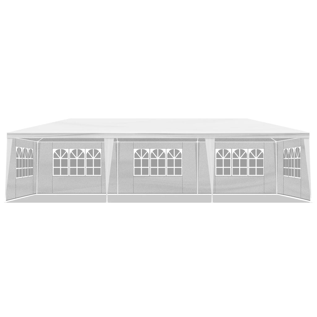 10'x30' White Outdoor Party Tent Gazebo - Waterproof PE Canopy with 8 Removable Sidewalls & Windows, Heavy Duty Iron Frame for Weddings, Events, Patios & Backyards