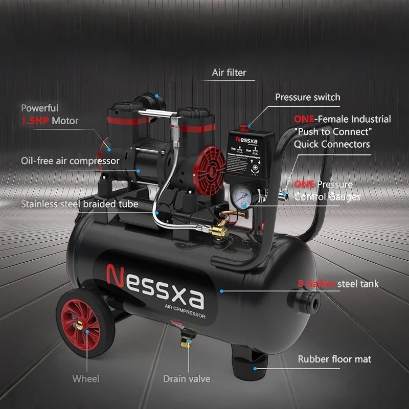 14-Gallon ultra-quiet air compressor 70dB, 2HP horsepower, 8.75CFM flow, maximum 116PSI pressure, oil-free design, 110V voltage, suitable for car repair, painting, and carpentry nailing operations