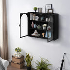 Two-door Wall Cabinet, Modern Kitchen Wall Mounted Cabinet with 2 Glass Doors, Two-tier Enclosed Storage, an Open Shelf, Towel Rack, Metal Wall Cabinet for Entryway, Living Room, Bathroom,  White