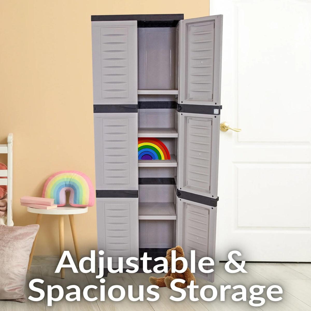 Sunnydaze Lockable Adjustable 72" Plastic 4-Shelf Freestanding Garage Storage Cabinet, Charcoal with Gray Trim