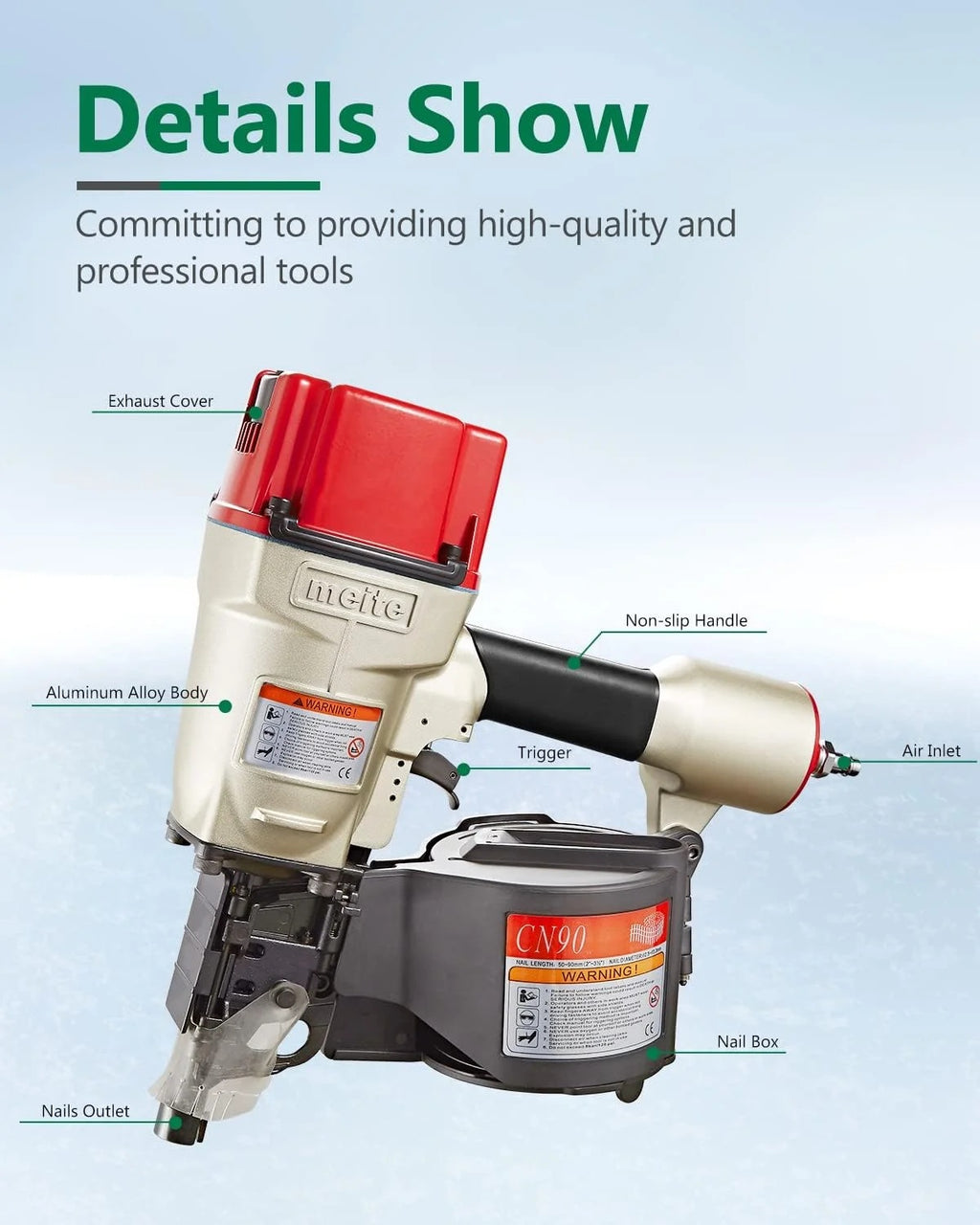 MEITE CN90  Industrial Coil Siding Nailer 15 Degree 2-1/4" to 3-1/2" Pneumatic Coil Nail Gun with Aluminum Housing