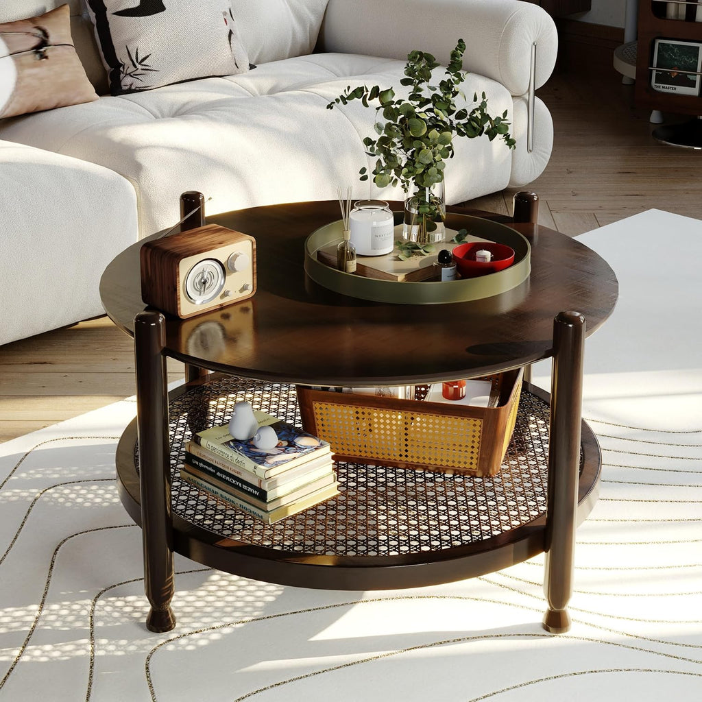 Round Coffee Table, 36" Coffee Table for Living Room, 2-Tier Rustic Wood Desktop with Storage Shelf, Modern Design Home Furniture (Light Walnut)