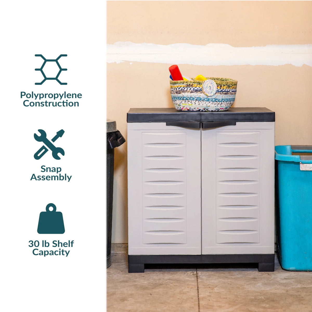 Sunnydaze Adjustable 25.5" Plastic 1-Shelf Freestanding Garage Storage Cabinet, Gray w/ Charcoal Trim