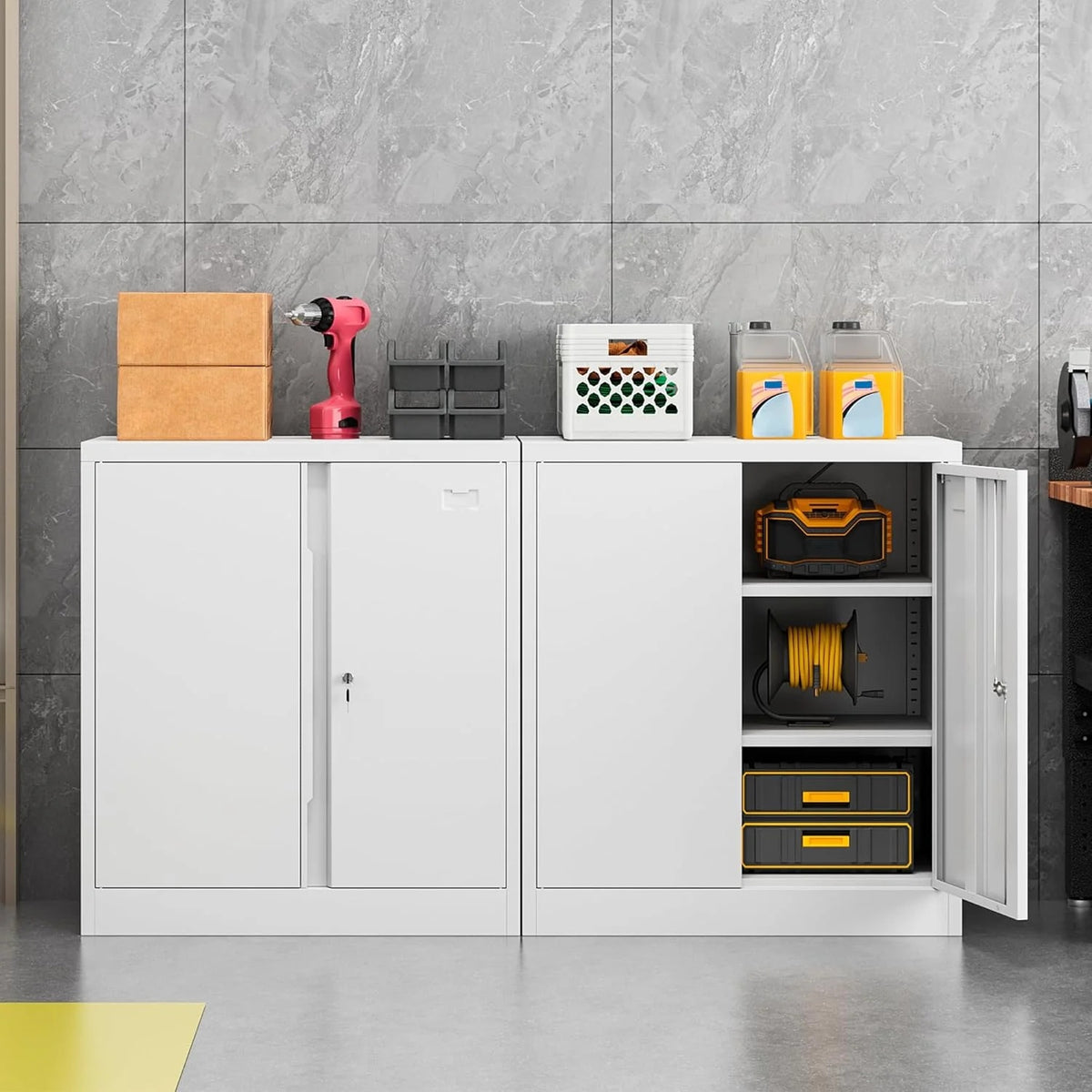 Metal Storage Cabinet, Garage Storage Cabinet with Doors and 2 Adjustable Shelves, 36" White Metal Cabinet, Locking Cabinet for Home,Garage,Office,School