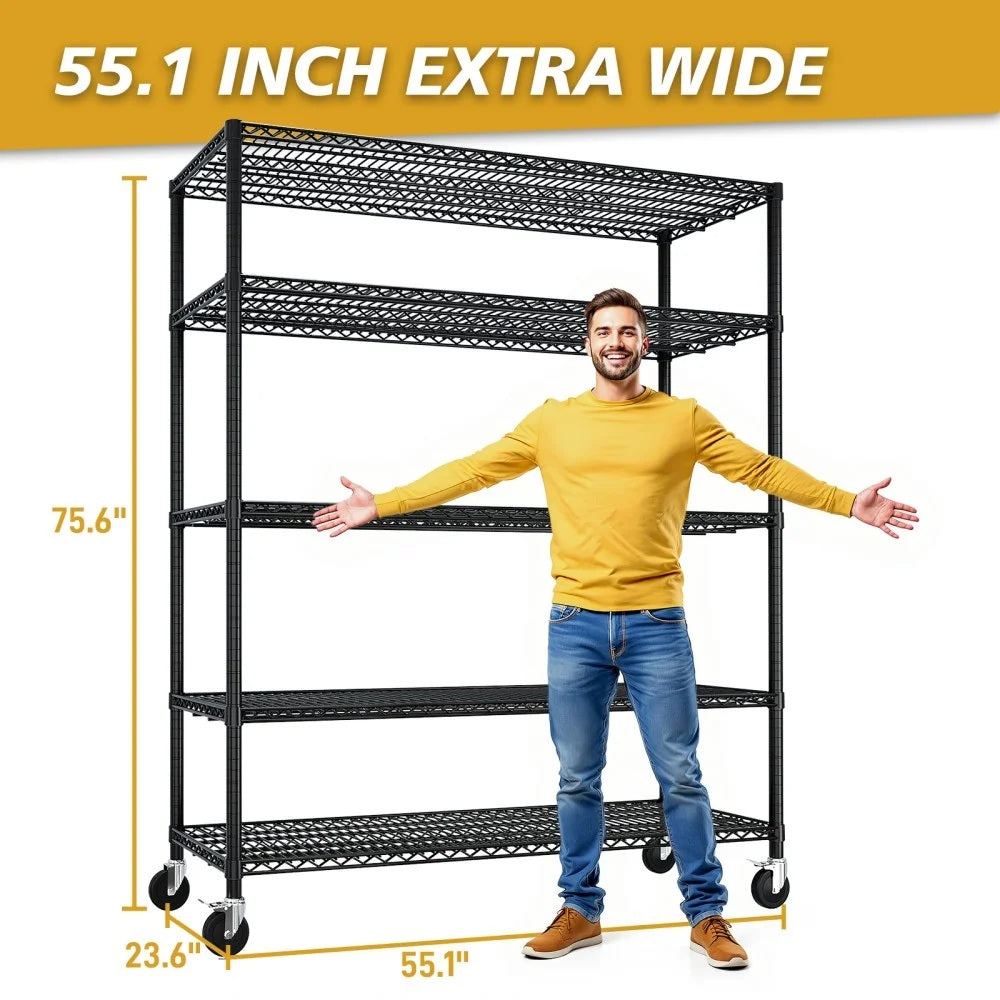 IVV 4-Tier Wire Shelving Unit on Wheels, Rolling Metal Storage Utility Rack, 2500LBS Capacity, Height Adjustable for Restaurant Garage Pantry Kitchen, 55.12"L x 23.62"W x 75.59"H, Black