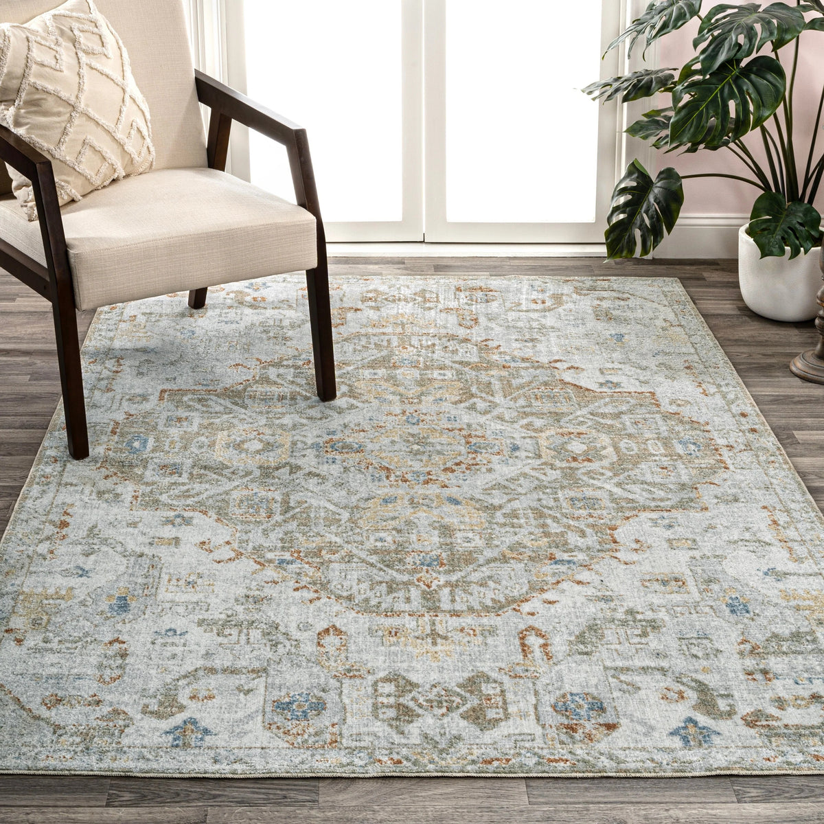Bohemian Medallion Low-Pile Machine-Washable Area Rug, Cream and Terra