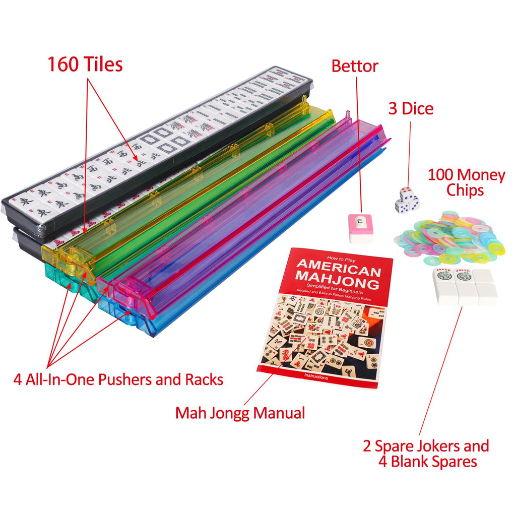 American Mahjong Set with Blue Carrying Bag, 166 White Tiles, 4 All-in-One Rack/Pushers, Mahjong Tiles Set (Ma Jong, Mah-Jongg, Majiang)