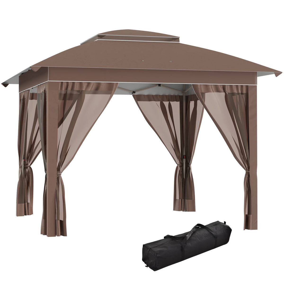 Outdoor Umbrellas Outsunny 12' x 12' Pop Up Canopy Tent with Netting and Carry Bag, Instant Sun Shelter with 137 sq.ft Shade, Tents for Parties, Height Adjustable, for Outdoor, Garden, Patio, Khaki,P