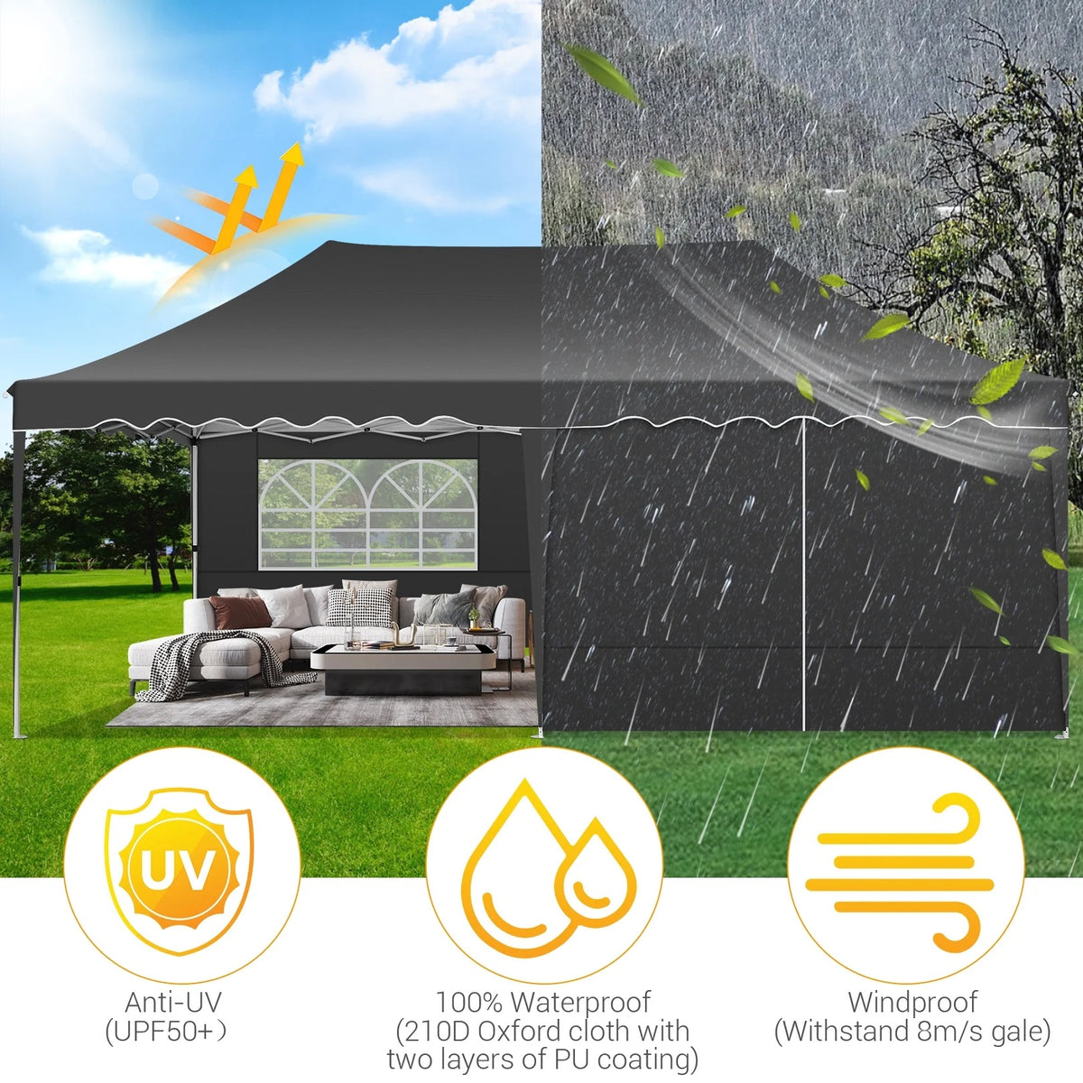 SANOPY 10' x 20' Pop up Canopy Party Tent with 6 Removable Sidewalls, Wave Eave Outdoor Waterproof Patio Gazebo Tent with Carry Bag, Backyards Camping Picnics, Black