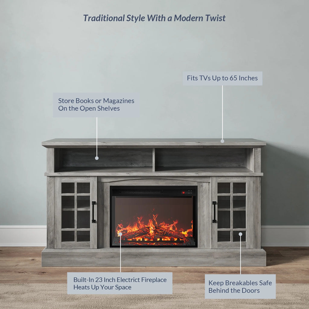 BELLEZE 58" TV Stand with 23" Electric Fireplace, Fireplace TV Console for TVs up to 65", Home Entertainment Center with Storage Cabinet and Adjustable Shelves - Astorga (Gray Wash)