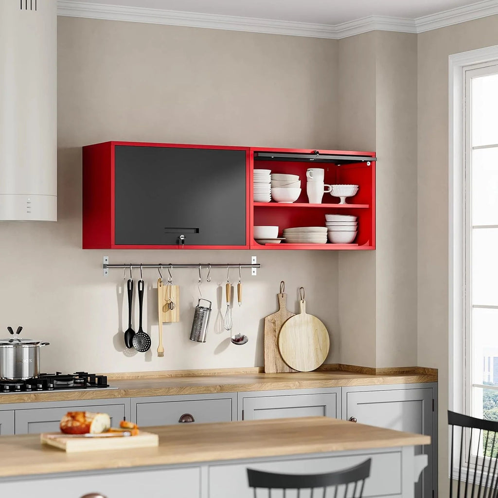 Metal Garage Wall Cabinet with Doors and Shelves,Wall Mounted Metal Storage Cabinet, Floating Steel Tool Cabinet for Garage,Basement,Kitchen,Warehouse (Red Black,21.6" H)