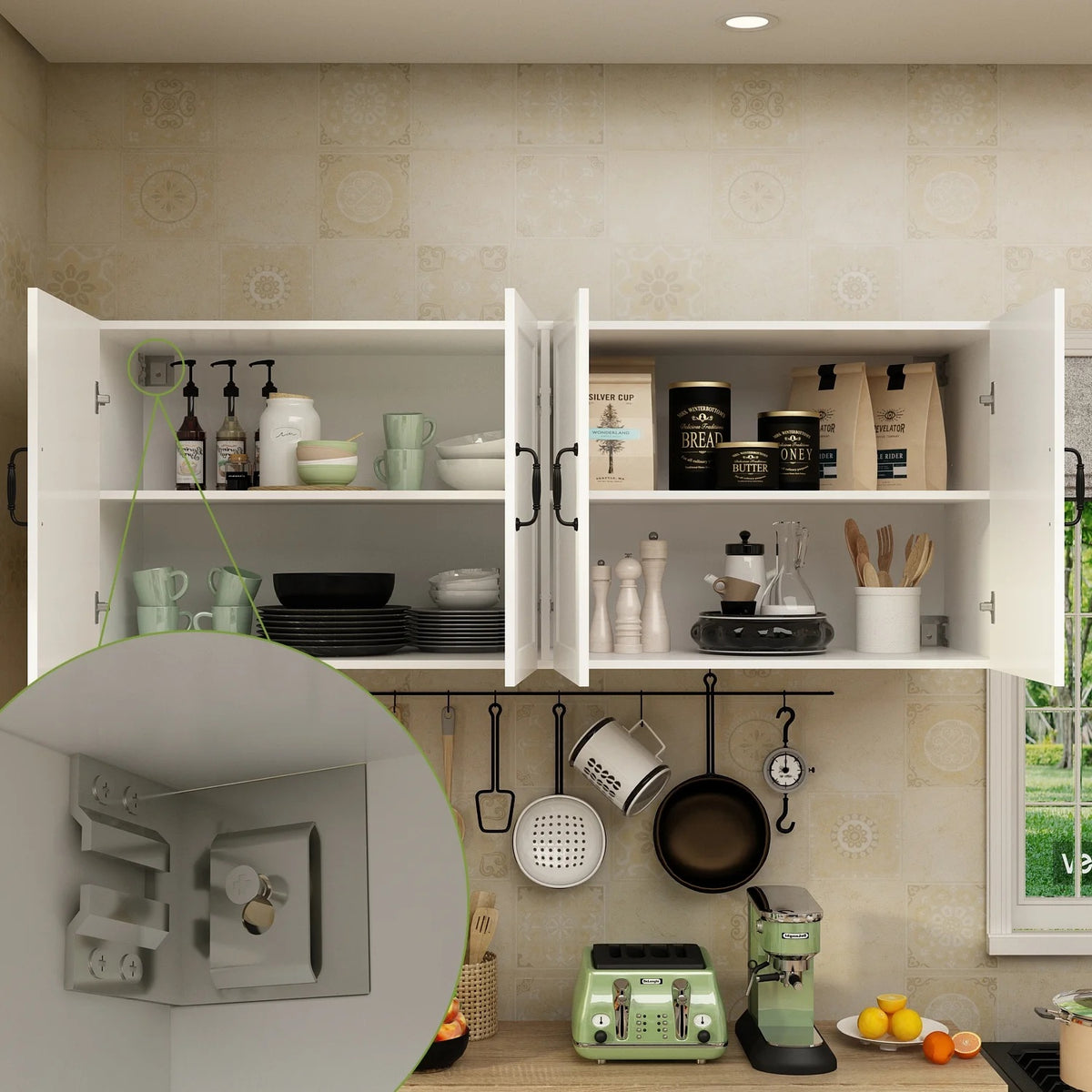KULAGAGA Kitchen Cabinet with Wall Mounted Hutch, Sideboard Storage Cupboard with Drawers for Home, White