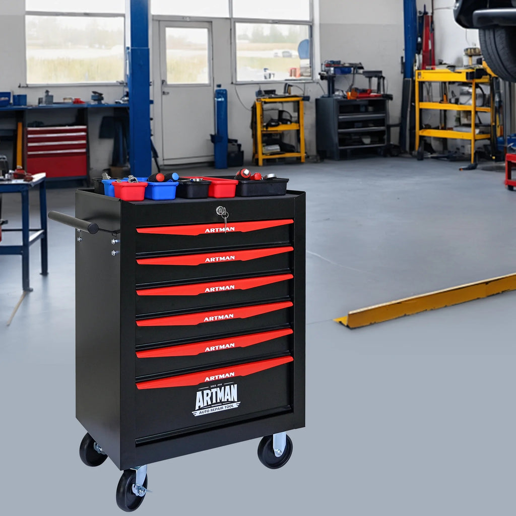 NIGSQJB 30.5"H Rolling Tool Chest Cart with 6 Drawers, 7 Small Tool Boxes Organizers, Lockable Tool Cabinet Storage with Wheels for Garage, Warehouse,Workshop, Repair Shop, DIY, Red