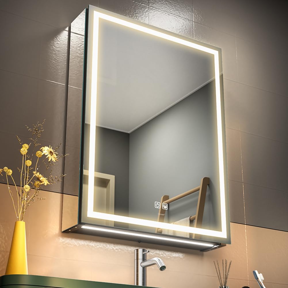 20" x 28" Left Hinge LED Bathroom Mirror Cabinet, Aluminum Medicine Cabinet