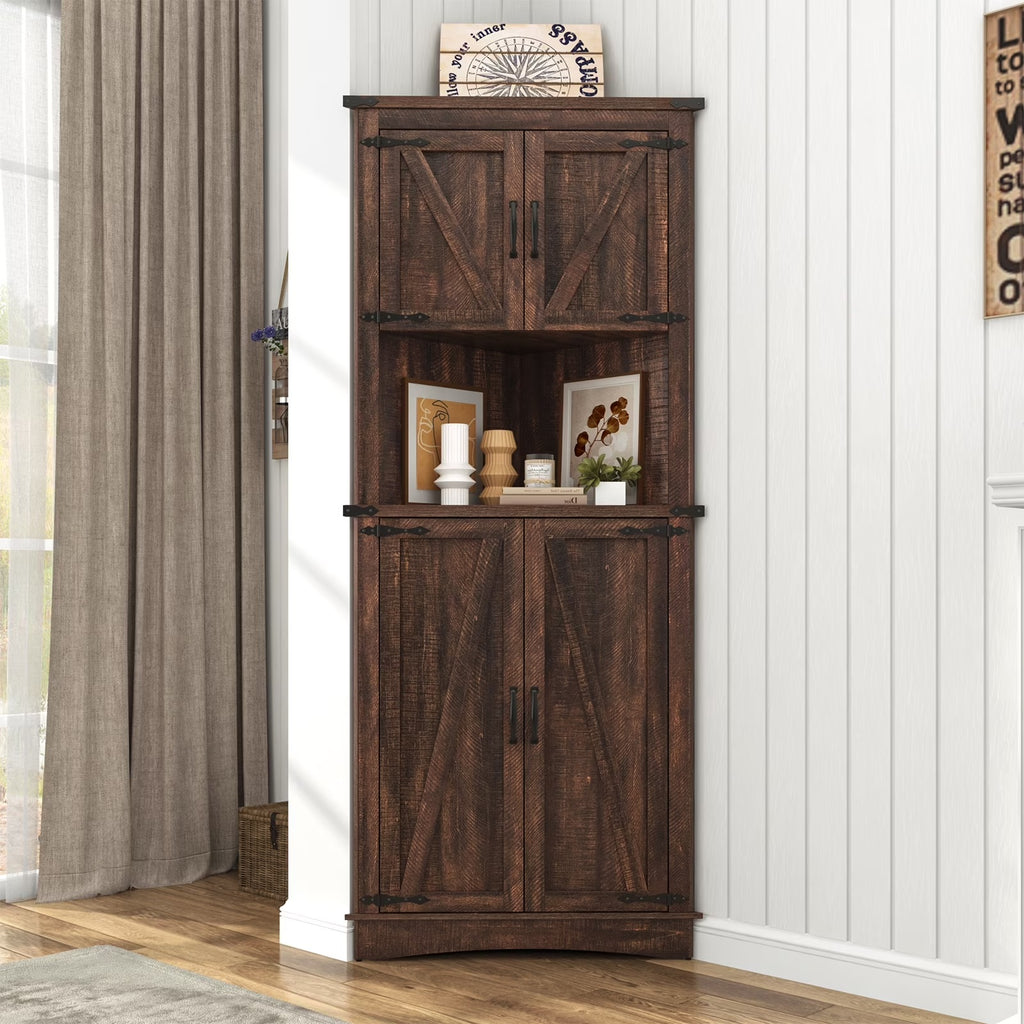 Blotout 68" Tall Farmhouse Corner Cabinet with 4 Doors, 28.3" W Barn Door Storage Cabinet with Adjustable Shelves, 5 Tier Corner Storage Cabinet for Bathroom,Living Room,Kitchen
