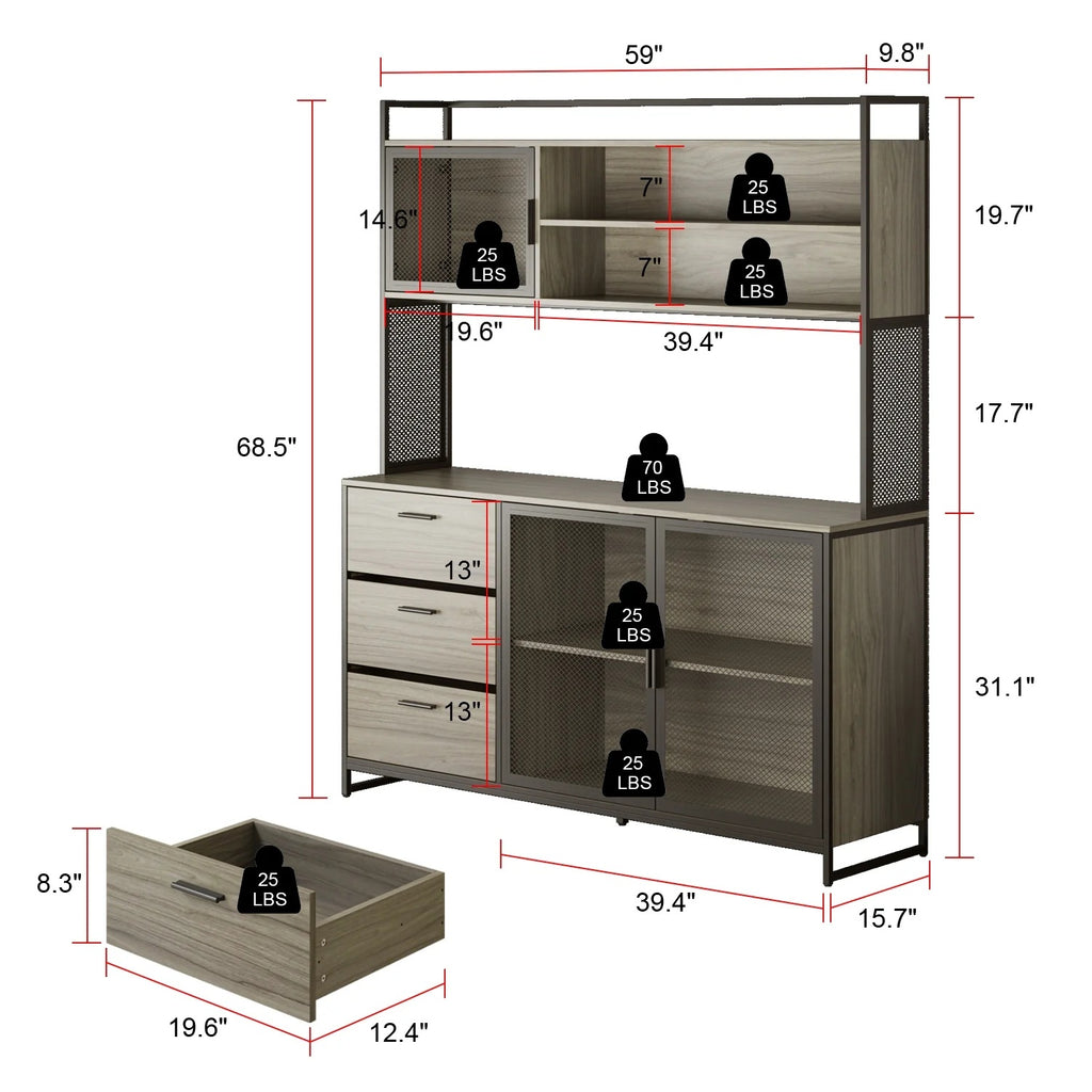 WIAWG Garage Cabinet with 3 Drawers and Metal Mesh Door, Industrial Mutifunctional Tool Storage Cabinet for Warehouse, Basement, Home Office (Walnut)