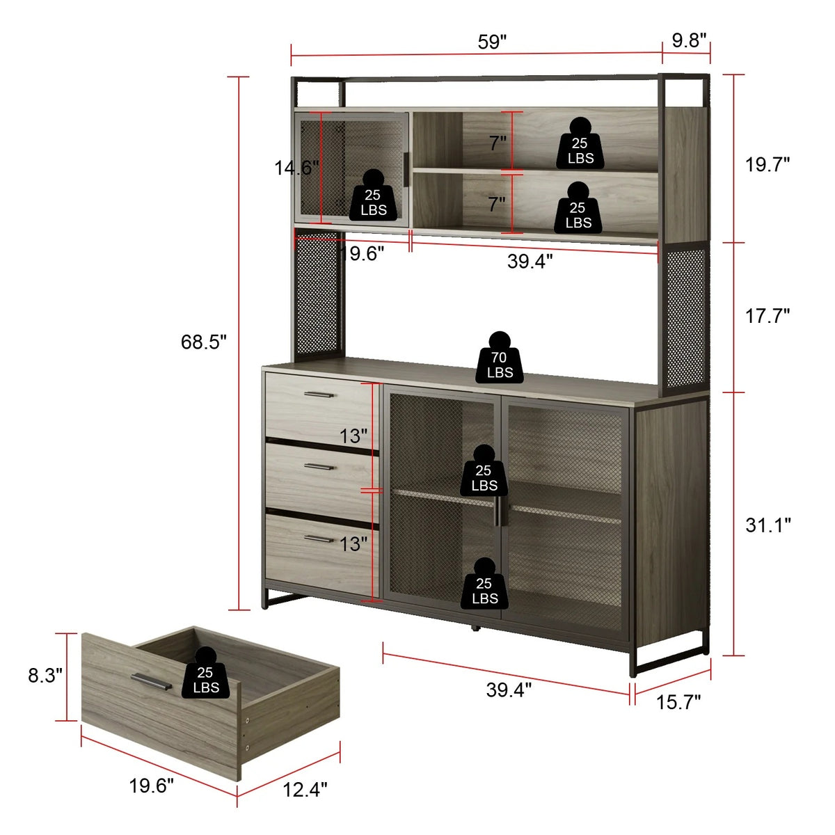 WIAWG Garage Cabinet with 3 Drawers and Metal Mesh Door, Industrial Mutifunctional Tool Storage Cabinet for Warehouse, Basement, Home Office (Walnut)