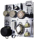 Wall Control Kitchen Pegboard Organizer Pots and Pans Pegboard Pack Storage and Organization Kit with Metallic Silver Pegboard and Blue Accessories