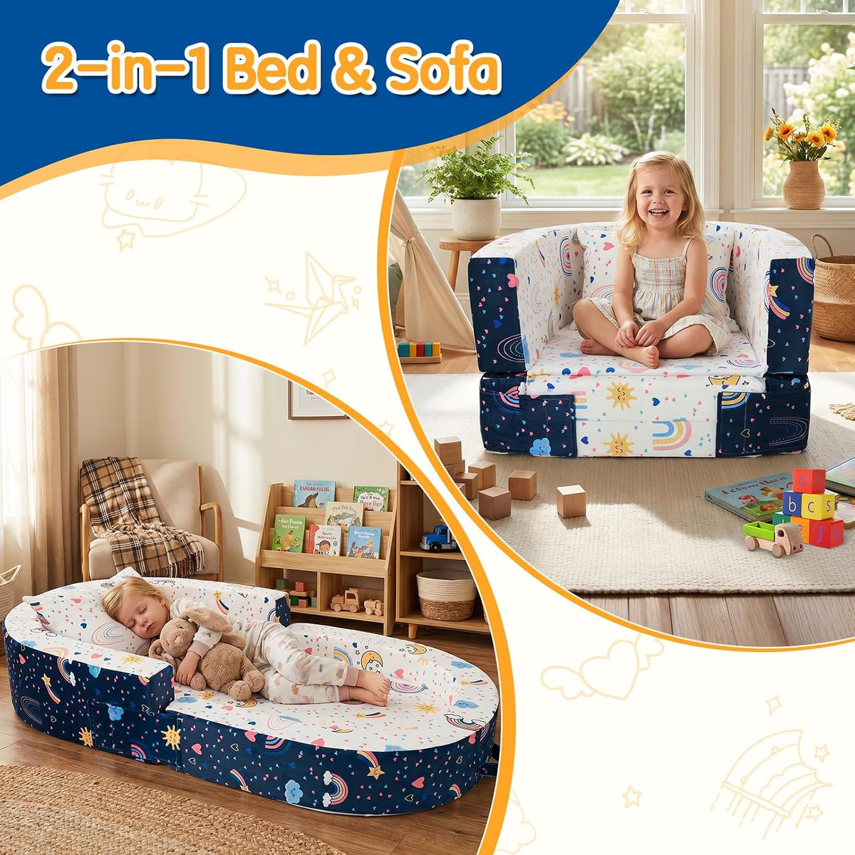 2-in-1 Toddler Travel Bed, Portable Foldable Toddler Floor Bed Converts to Soft Sofa, Kids Travel Couch with Removable Washable Cover, Ideal for Camping, Picnic, Hotel & Sleepovers