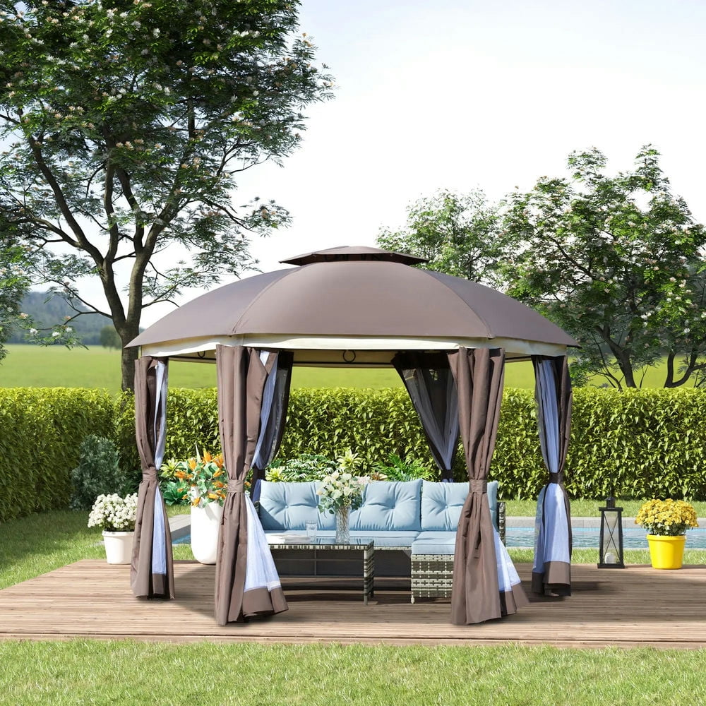 Topcobe 12' x 12' Round Outdoor Canopy Tent, Patio Dome Canopy Tent Canopy Shelter with Double Roof, Curtains, Zippered Doors, Strong Steel Frame, Outdoor Canopy, Shade Canopy, Patio Canopy, Brown